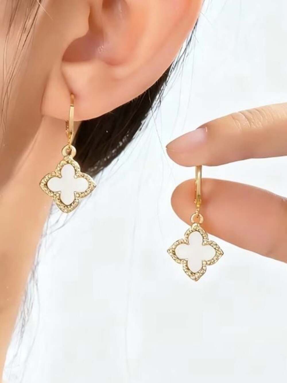 Gold and White Clover Dangle Earrings - Women Jewelry